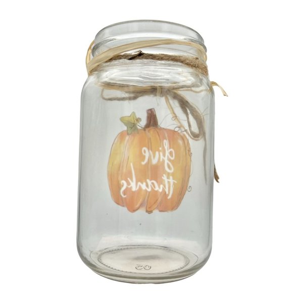 Jar Vase 5.5 x 3 Clear Give Thanks Pumpkin Straw String Bow New - Picture 4 of 7